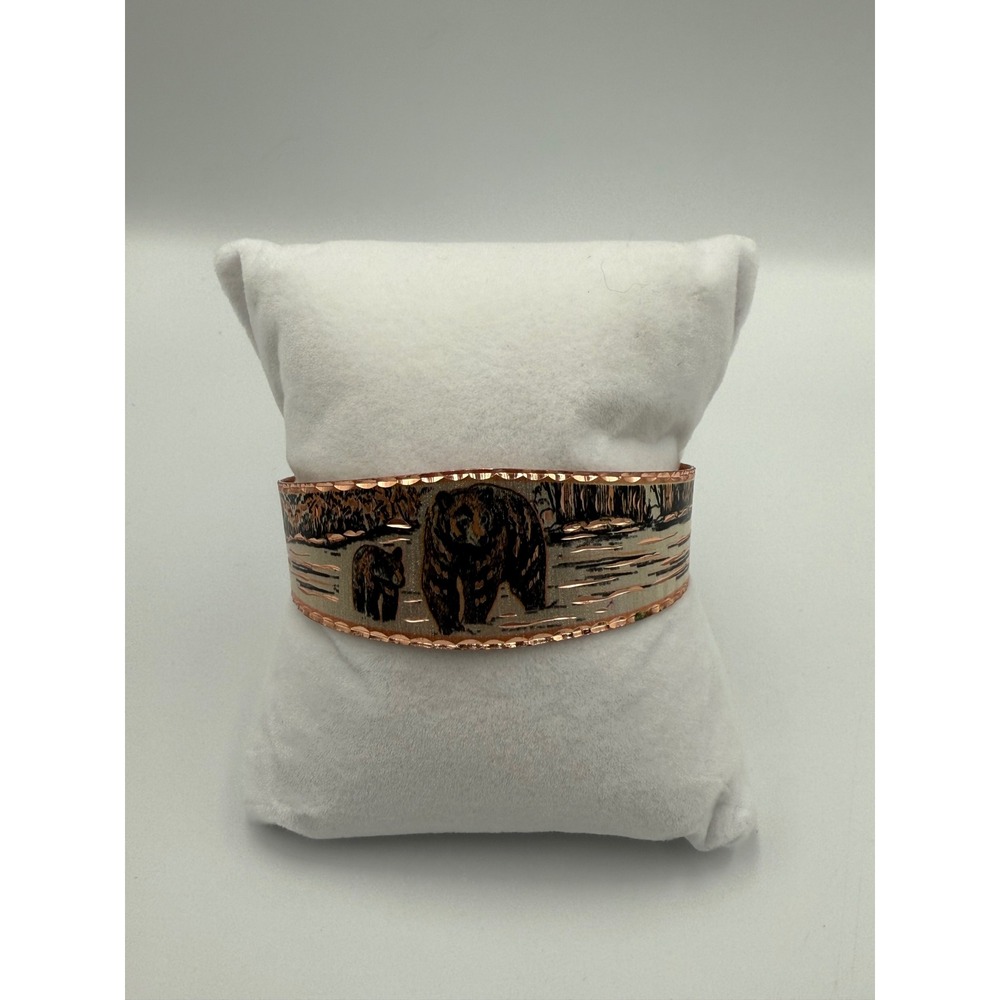 Vintage Etched Copper Cub and Black Bear Cuff Bracelet Wildlife‎ Nature Jewelry